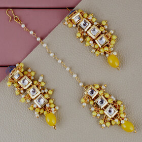 LUCKY JEWELLERY Designer Back Meena Gold Plated Kundan Yellow Tika Earrings Set for Girls  women (293-J5E2K-1664-Y)
