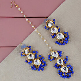 LUCKY JEWELLERY Designer Back Meena Gold Plated Kundan Blue Color Tika Earring Set for Girls  women (319-J5E2K-1811-B)