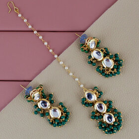 LUCKY JEWELLERY Designer Back Meena Gold Plated Kundan Green Color Tika Earring Set for Girls  women (319-J5E2K-1811-G)