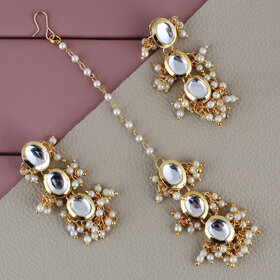 LUCKY JEWELLERY Designer Back Meena Gold Plated Kundan White Tika Earring Set for Girls  women (319-J5E2K-1811-W)