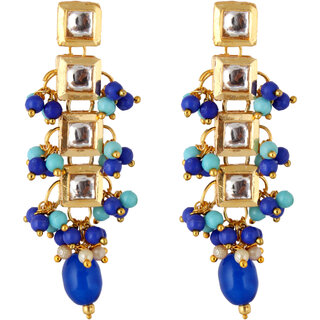                       Lucky Jewellery Traditional Back Meenkari Gold Plated uncut kundan Firoji Blue Earrings (195-J5EK-1664-FB)                                              