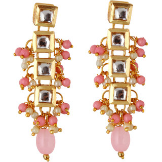                       Lucky Jewellery Traditional Back Meenkari Gold Plated uncut kundan Pink Earrings (195-J5EK-1664-PK)                                              