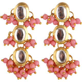                       Lucky Jewellery Traditional Back Meenkari Gold Plated uncut kundan Pink Earrings (219-J5EK-1811-PK)                                              