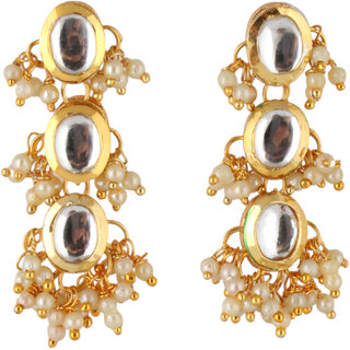                       Lucky Jewellery Traditional Back Meenkari Gold Plated uncut kundan White Earrings (219-J5EK-1811-W)                                              