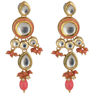                      Lucky Jewellery Traditional Gold Plated Kundan Stone Peach Earrings for Girls  Women (272-J5EK-1839-PH)                                              