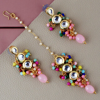 LUCKY JEWELLERY Designer Back Meena Gold Plated Kundan Multicolor Tika Earring Set for Girls  women (293-J5E2K-1810-MT)
