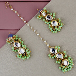 LUCKY JEWELLERY Designer Back Meena Gold Plated Kundan Light Green Tika Earring for Girls  women (319-J5E2K-1811-LG)