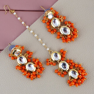                       LUCKY JEWELLERY Designer Back Meena Gold Plated Kundan Orange Color Tika Earring for Girls  women (319-J5E2K-1811-O)                                              