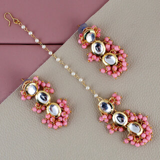                       LUCKY JEWELLERY Designer Back Meena Gold Plated Kundan Pink Tika Earring Set for Girls  women (319-J5E2K-1811-PK)                                              