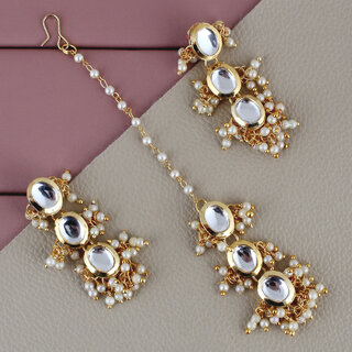 LUCKY JEWELLERY Designer Back Meena Gold Plated Kundan White Tika Earring Set for Girls  women (319-J5E2K-1811-W)