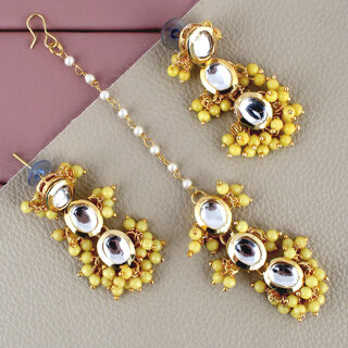                       LUCKY JEWELLERY Designer Back Meena Gold Plated Kundan Yellow Tika Earring Set for Girls  women (319-J5E2K-1811-Y)                                              
