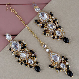                       LUCKY JEWELLERY Designer Gold Plated Kundan Black Color Tika Earring Set for Girls  women (320-ME2K-1812-BL)                                              