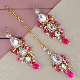 LUCKY JEWELLERY Designer Gold Plated Kundan Magenta Color Tika Earring Set for Girls  women (320-ME2K-1812-R)
