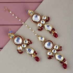 LUCKY JEWELLERY Designer Back Meena Gold Plated Kundan Maroon Color Tika Earring for Girls  women (408-J5E2K-1839-M)