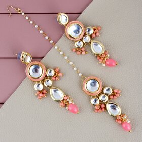 LUCKY JEWELLERY Designer Back Meena Gold Plated Kundan Peach Color Tika Earring for Girls  women (408-J5E2K-1839-PH)