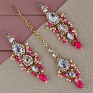                       LUCKY JEWELLERY Designer Gold Plated Kundan Pink Magenta Color Tika Earring Set for Girls  women (320-ME2K-1812-PKR)                                              