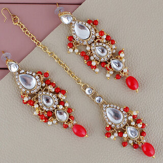 LUCKY JEWELLERY Designer Gold Plated Kundan Red Color Tika Earring Set for Girls women (320-ME2K-1812-RED) LUCKY JEWELLERY Designer Gold Plated Kundan Red Color Tika Earring Set for Girls women (320-ME2K-1812-RED)
