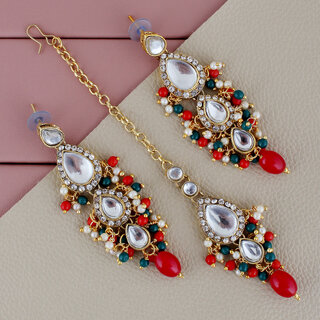                       LUCKY JEWELLERY Designer Gold Plated Kundan Red Green Color Tika Earring Set for Girls  women (320-ME2K-1812-RED-G)                                              