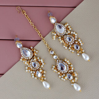                       LUCKY JEWELLERY Designer Gold Plated Kundan White Color Tika Earring Set for Girls  women (320-ME2K-1812-W)                                              