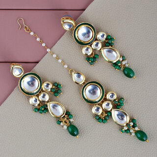                       LUCKY JEWELLERY Designer Back Meena Gold Plated Kundan Green Color Tika Earring Set for Girls  women (408-J5E2K-1839-G)                                              