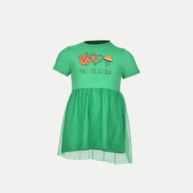 Girls Green Solid Lawn Frock with Fashion Chest Print