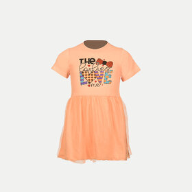 Girls Orange  Solid Lawn Frock with Fashion Chest Print