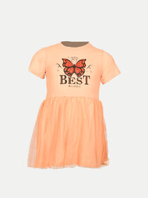 Girls Orange Solid Lawn Frock with Fashion Chest Print