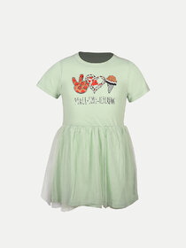 Girls Solid Lawn Pale Green Frock with Fashion Chest Print