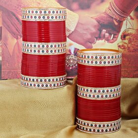 Lucky Jewellery Red Punjabi Chura Bridal Wedding Bangle Set For Women (760-M1C1-LJ158-R22)