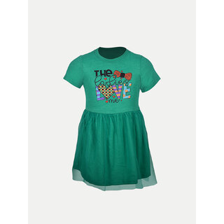                      Girls Solid Lawn Dark Green Frock with Fashion Chest Print                                              