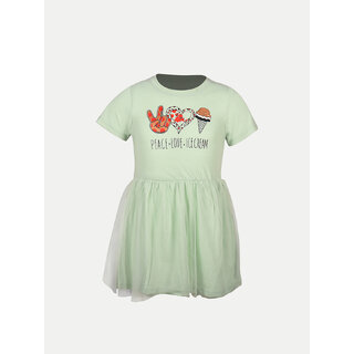                       Girls Solid Lawn Pale Green Frock with Fashion Chest Print                                              