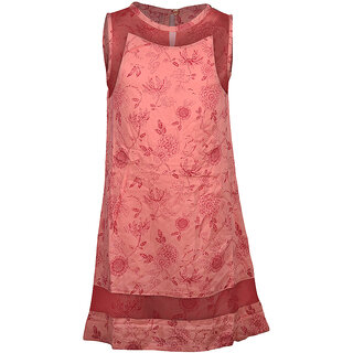                       Girls Red AOP Printed Dress with Mesh Emblishment                                              