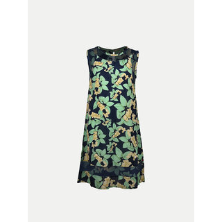                       Girls Green AOP Printed Dress with Mesh Emblishment                                              