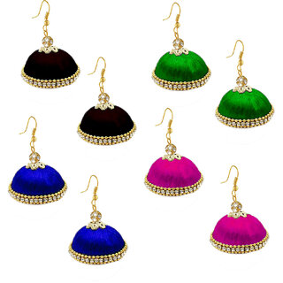                       Pink Black Green Blue Silk Thread Jhumki Earring for Women/Girls -Combo Set of 4                                              