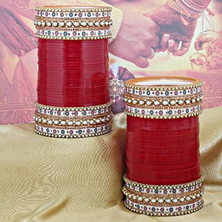                       Lucky Jewellery Maroon Punjabi Chura Bridal Wedding Bangle Set For Women (1050-M1C1-LJ155-M22)                                              