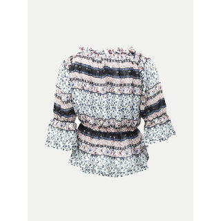                       Girls White AOP Printed Dress with Mesh Emblishment                                              