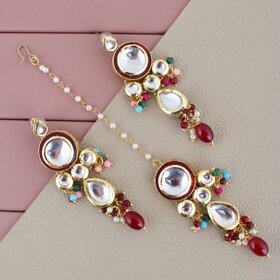 LUCKY JEWELLERY Designer Back Meena Gold Plated Kundan Multicolor Tika Earring Set for Girls  women (408-J5E2K-1839-MT)