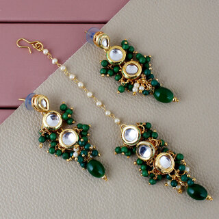                       LUCKY JEWELLERY Designer Back Meena Gold Plated Kundan Green Color Tika Earring Set for Girls  women (293-J5E2K-1810-G)                                              
