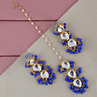                       LUCKY JEWELLERY Designer Back Meena Gold Plated Kundan Blue Color Tika Earring Set for Girls  women (319-J5E2K-1811-B)                                              
