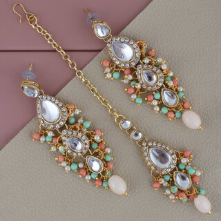                       LUCKY JEWELLERY Designer Gold Plated Kundan Light Peach Mint Tika Earring Set for Girls  women (320-ME2K-1812-LPHMNT)                                              