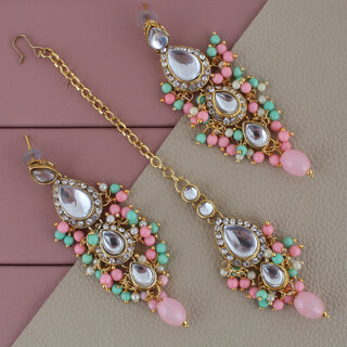                       LUCKY JEWELLERY Designer Gold Plated Kundan Pink Mint Color Tika Earring Set for Girls  women (320-ME2K-1812-PKMNT)                                              