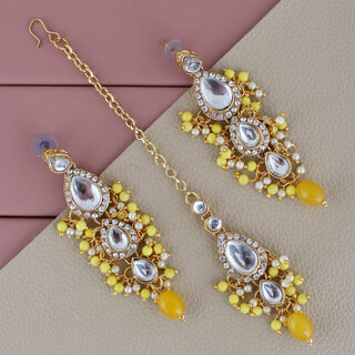                       LUCKY JEWELLERY Designer Gold Plated Kundan Yellow Color Tika Earring Set for Girls  women (320-ME2K-1812-Y)                                              