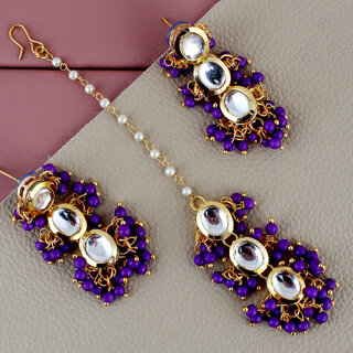                       LUCKY JEWELLERY Designer Back Meena Gold Plated Kundan Purple Tika Earring Set for Girls  women (319-J5E2K-1811-P)                                              
