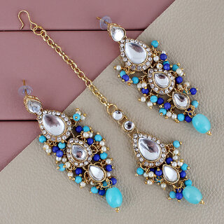                       LUCKY JEWELLERY Designer Gold Plated Kundan Firoji Blue Tika Earring Set for Girls  women (320-ME2K-1812-FB)                                              