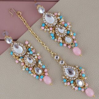                       LUCKY JEWELLERY Designer Gold Plated Kundan Pink Firoji Color Tika Earring Set for Girls  women (320-ME2K-1812-PKF)                                              