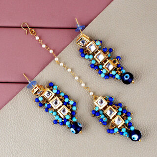                       LUCKY JEWELLERY Designer Back Meena Gold Plated Kundan Blue Color Tika Earring Set for Girls  women (445-J5E2K-1664-EE)                                              