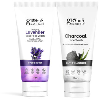                       Globus Naturals Face Wash Combo- Hydro Boost Lavender & Anti Pollution Charcoal Face Wash, 75 gm                                              