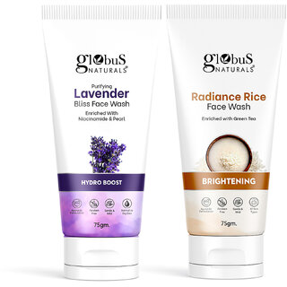 Globus Naturals Face Wash Combo- Hydro Boost Lavender & Skin Brightening Radiance Rice, Face Wash Set of 2, 75gm Globus Naturals Face Wash Combo- Hydro Boost Lavender & Skin Brightening Radiance Rice, Face Wash Set of 2, 75gm