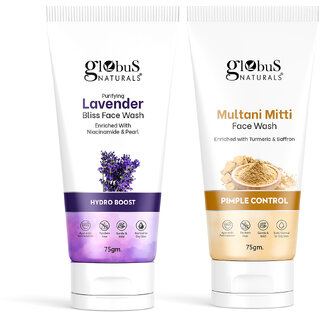 Globus Naturals Face Wash Combo- Hydro Boost Lavender & Pimple Control Multani Mitti, Face Wash, Set of 2, 75gm Globus Naturals Face Wash Combo- Hydro Boost Lavender & Pimple Control Multani Mitti, Face Wash, Set of 2, 75gm
