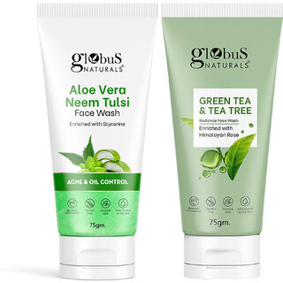                       Globus Naturals Oil Control Face Wash Combo - Aloe Vera Face Wash  Tea Tree Face Wash, set of, set of 2, 75gm                                              